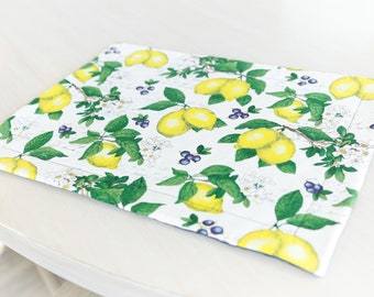 Lemon Branches Quilted Placemat, Lemons, fabric placemat, Spring decor, Lemon Trees, dining, table setting, blueberries