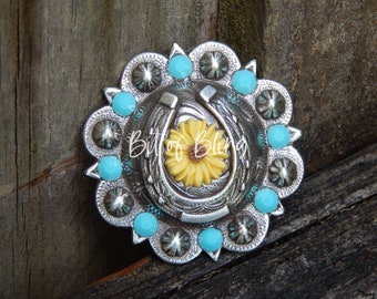 Yellow Daisy Antique Silver Horseshoe Berry Concho with Turquoise Rhinestones - Western Horse Tack