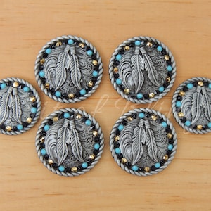 Silver Feathers Round Rope Edge Saddle Concho Set Turquoise Black Gold