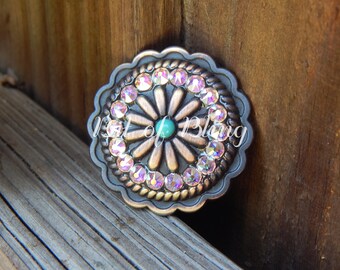 Copper Scalloped Edge Turquoise Concho with Crystal AB Rhinestones - Western Horse Tack