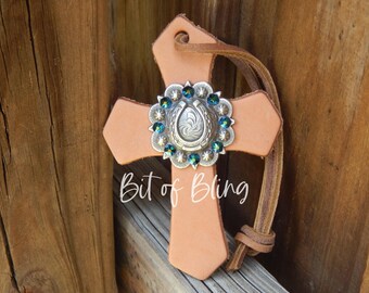 Western Leather Saddle Cross with Antique Silver Round Berry Horseshoe Concho - Scarabaeus Green