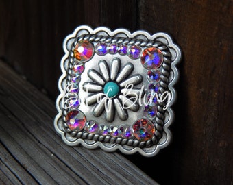 Antique Silver Turquoise Square Scalloped Concho - Crystal AB - Western Horse Tack