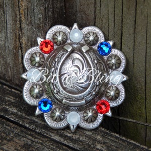 Patriotic Horseshoe Berry Concho with Rhinestones in Light Siam, Electric White, and Capri Blue Western Horse Tack image 1