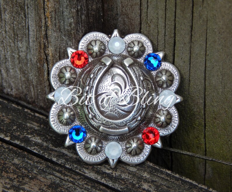 Patriotic Horseshoe Berry Concho with Rhinestones in Light Siam, Electric White, and Capri Blue Western Horse Tack image 1