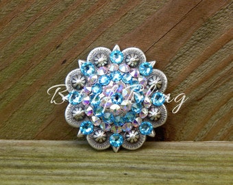Aquamarine & Crystal AB Antique Silver Round Berry Concho Western Horse Tack