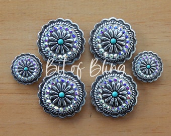 Antique Silver Turquoise Scalloped Saddle Concho Set - Crystal AB - Western Horse Tack