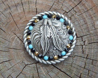 Silver Feathers Round Rope Edge Concho Turquoise Black Gold