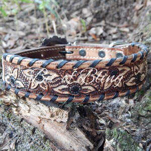 Floral Tooled Leather Dog Collar with Black Rawhide Lacing - Puppy Puppies Dog Dogs Collar Collars Leather Collar Leather Collars