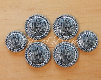 Silver Round Rope Edge Feathers Saddle Concho Set - Crystal - Western Horse Tack