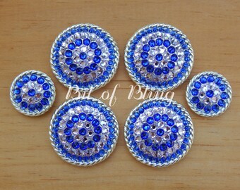 Shiny Silver Round Rope Edge Saddle Concho Set with Violet & Majestic Blue Rhinestones - Western Horse Tack Rodeo Barrel Racing Pole Bending