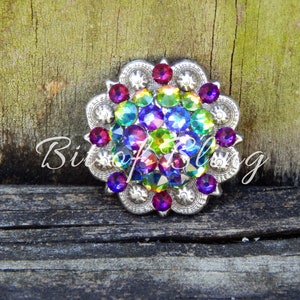 Pode incluir: Um concho redondo decorativo de tom prateado com um design floral. O concho &eacute; adornado com um grupo de pedras de imita&ccedil;&atilde;o iridiscentes em tons de roxo, azul, verde e vermelho.
