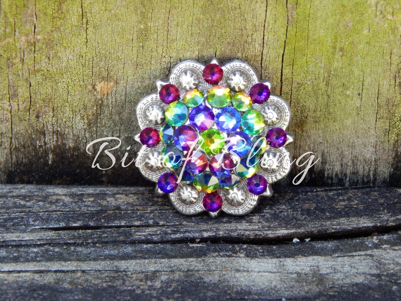 Pode incluir: Um concho redondo decorativo de tom prateado com um design floral. O concho &eacute; adornado com um grupo de pedras de imita&ccedil;&atilde;o iridiscentes em tons de roxo, azul, verde e vermelho.