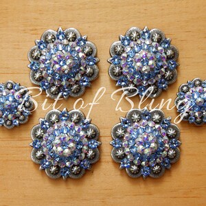 Light Sapphire & Crystal AB Antique Silver Round Berry Saddle Concho Set Western Horse Tack