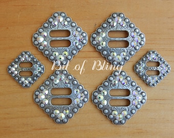 Antique Silver Square Berry Slotted Saddle Concho Set with Crystal AB Rhinestones - Western Horse Tack Rodeo Barrel Racing Trail Riding