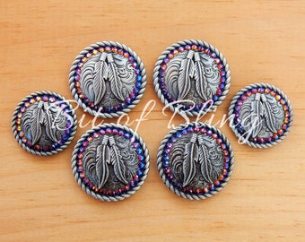 Antique Silver Round Rope Edge Feathers Saddle Concho Set - Blue Volcano - Western Horse Tack
