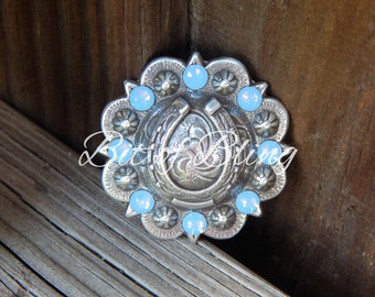 Antique Silver Round Horseshoe Berry Concho - Air Blue Opal