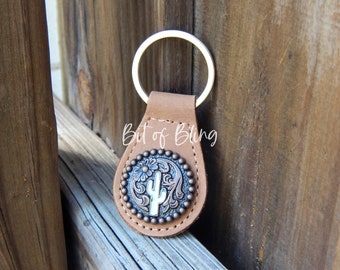 Floral Cactus Leather Key Fob