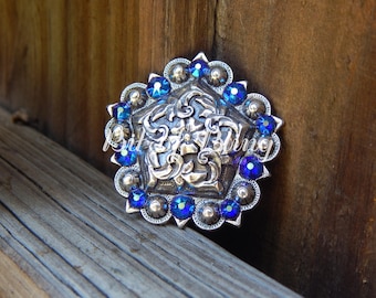 Antique Silver Floral Berry Pentagon Concho with Cobalt Shimmer Rhinestones - Western Horse Tack