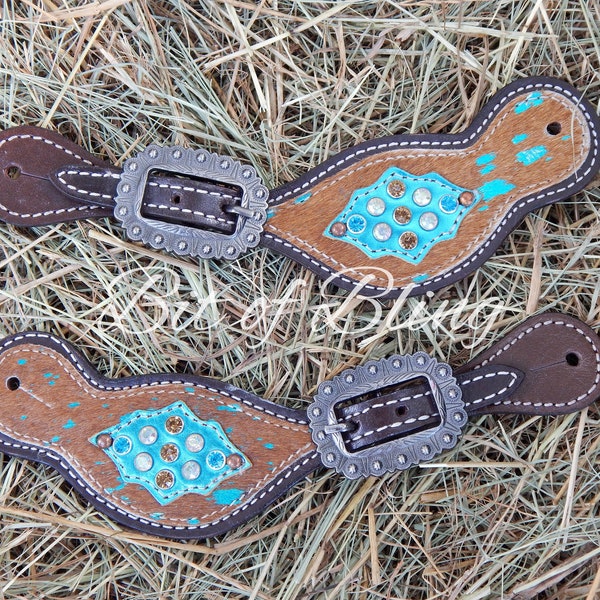 Metallic Teal Acid Wash Cowhide Leather Spur Straps Western Horse Tack