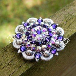 Purple Velvet & Crystal AB Antique Silver Round Berry Concho Horse Tack Rodeo Barrel Racing Pole Bending Gymkhana Trail Riding
