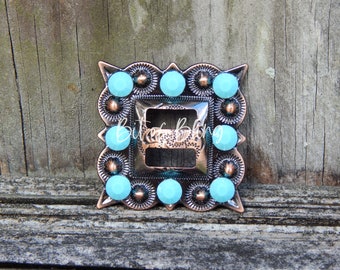 Copper Square Berry Slotted Concho with Turquoise Rhinestones - Western Horse Tack