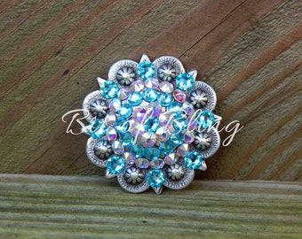 Light Turquoise & Crystal AB Antique Silver Round Berry Concho Western Horse Tack