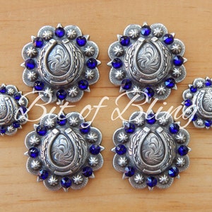 Antique Silver Round Berry Horseshoe Saddle Concho Set - Cobalt
