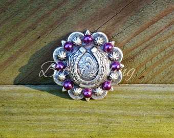 Antique Silver Round Berry Horseshoe Concho - Amethyst Pearls