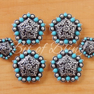 Antique Silver Floral Pentagon Berry Saddle Concho Set - Turquoise