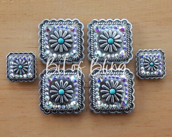 Antique Silver Turquoise Square Scalloped Saddle Concho Set - Crystal AB - Western Horse Tack