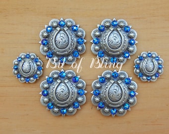 Antique Silver Round Berry Horseshoe Saddle Concho Set - Western Horse Tack