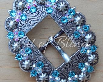 Antique Silver Berry Cart Buckle Light Turquoise & Crystal AB Western Pleasure Gymkhana Rodeo Barrel Racing Pole Bending