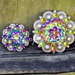 Pode incluir: Dois conchos redondos decorativos prateados com um design floral. Os conchos s&atilde;o cobertos com strass iridescentes em tons de verde, roxo e amarelo.