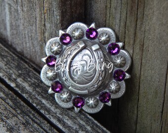 Amethyst Antique Silver Horseshoe Berry Concho - Western Horse Tack