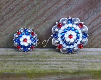Red, White, and Blue Antique Silver Round Berry Concho - Western Horse Tack