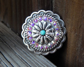 Antique Silver Turquoise Scalloped Concho - Crystal AB - Western Horse Tack