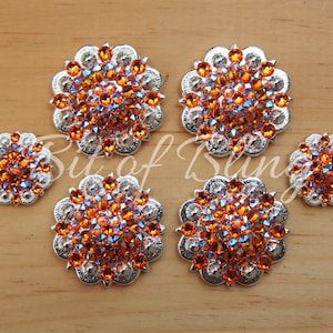 Saddle Concho Set Shiny Silver Round Berry Conchos Rhinestones in Tangerine and Tangerine Shimmer Horse Tack Barrel Racing Rodeo