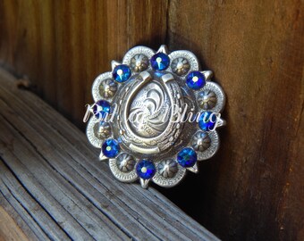 Antique Silver Round Berry Horseshoe Concho with Cobalt Shimmer Rhinestones - Western Horse Tack