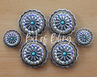 Antique Silver & Gold Turquoise Scalloped Saddle Concho Set - Crystal AB - Western Horse Tack
