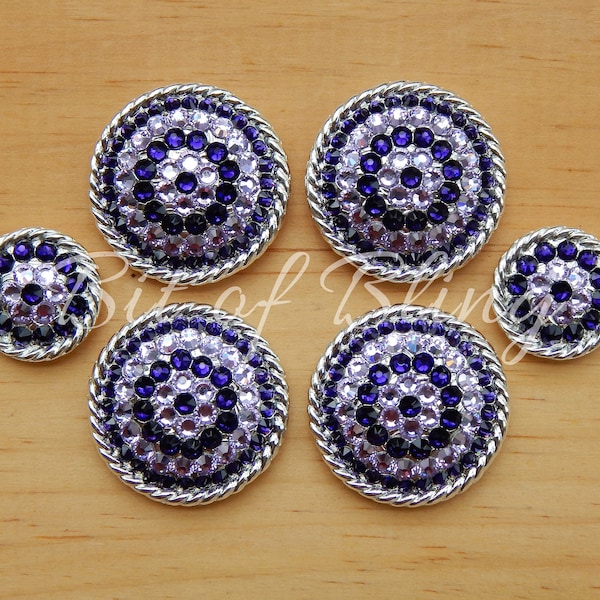 Shiny Silver Round Rope Edge Saddle Concho Set with Purple Velvet and Violet Rodeo Pole Bending Barrel Racing