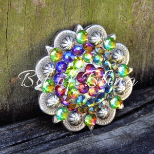 Pode incluir: Um concho de metal prateado com um design circular. O concho &eacute; decorado com uma variedade de pedras de cristal coloridas em tons de vermelho, laranja, amarelo, verde, azul e roxo.