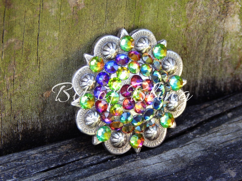 Pode incluir: Um concho de metal prateado com um design circular. O concho &eacute; decorado com uma variedade de pedras de cristal coloridas em tons de vermelho, laranja, amarelo, verde, azul e roxo.