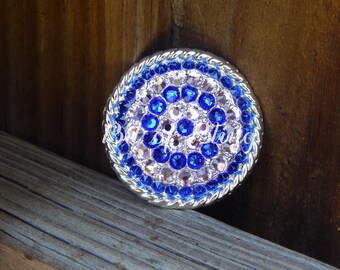 Shiny Silver Round Rope Edge Concho with Violet and Majestic Blue Rhinestones - Western Horse Tack