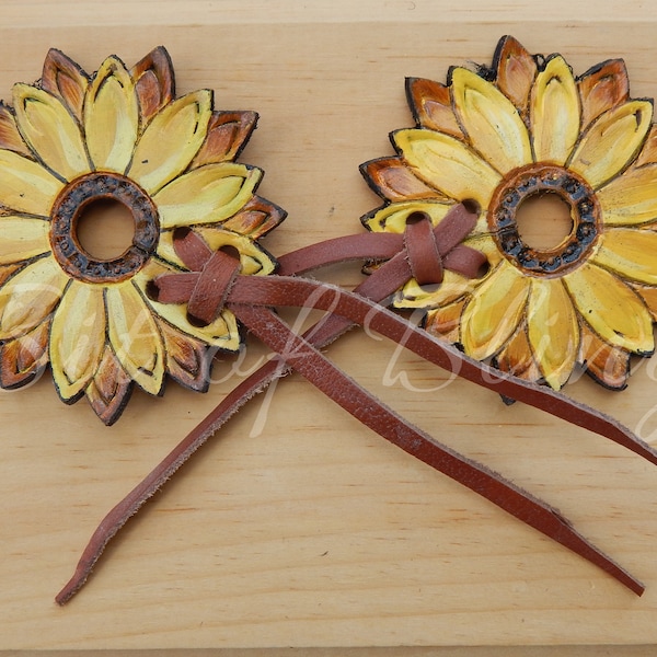 Sunflower Tooled Painted Leather Bit Guards Horse Tack Barrel Racing Pole Bending Rodeo Gymkhana Cowboy Mounted Shooting Reining