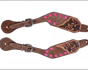 Chocolate Rough Out Leather Spur Straps with Pink Buckstitch - Ladies Spur Straps - Western Horse Tack