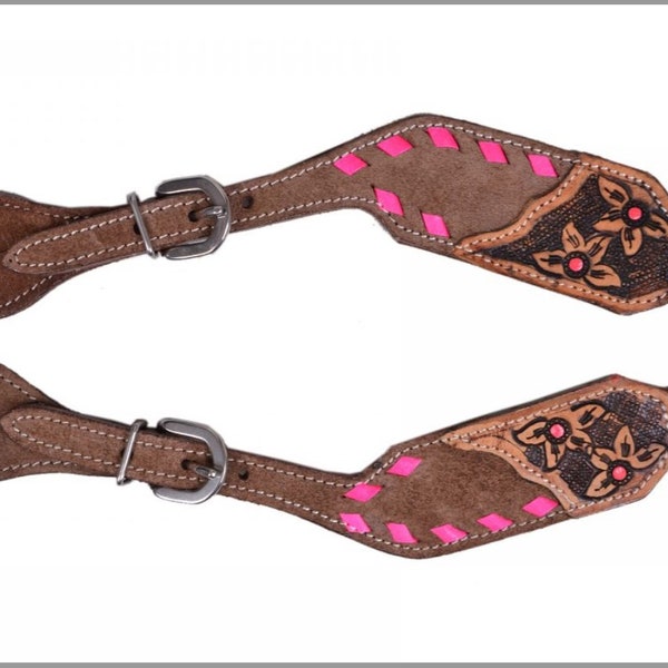 Chocolate Rough Out Leather Spur Straps with Pink Buckstitch - Ladies Spur Straps - Western Horse Tack