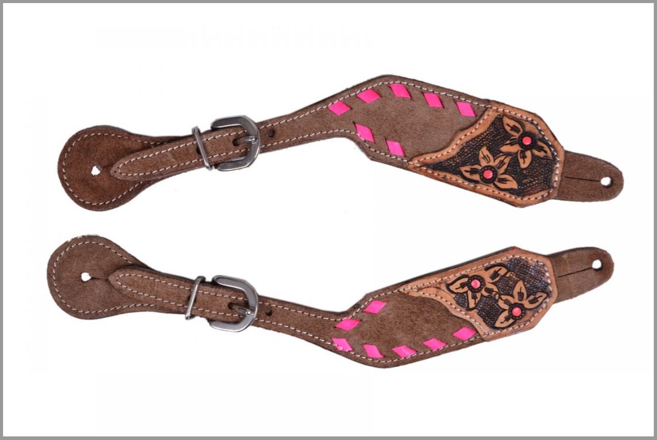 Chocolate Rough Out Leather Spur Straps with Pink Buckstitch - Ladies Spur Straps - Western Horse Tack