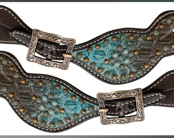 Chocolate Brown and Teal Bling Spur Straps - Ladies Spur Straps - Western Horse Tack