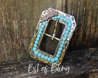 Turquoise Feather Western Buckle Horse Tack Rodeo Barrel Racing Pole Bending Trail Riding Gymkhana