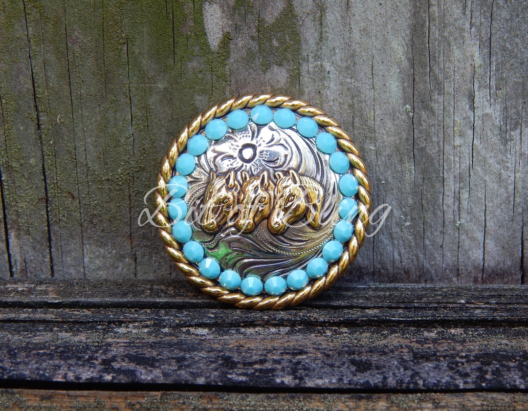 Silver and Gold Round Rope Edge 3 Horse Head Concho - Turquoise - Etsy